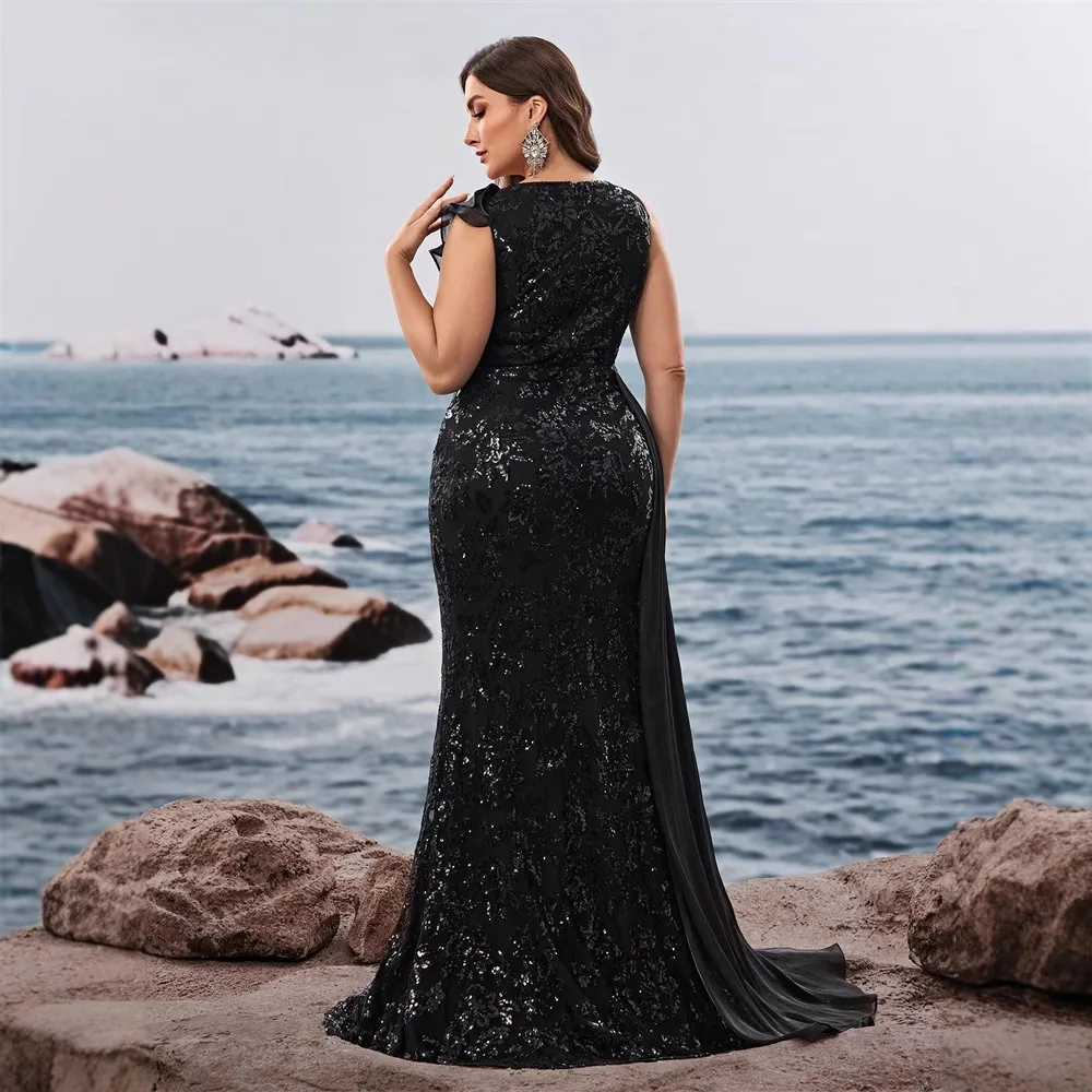 Plus Size Black V Neck One Shoulder Ruffle Draped Sash Floral Sequin Tulle Mermaid Train Maxi Dress Evening Gala Gown