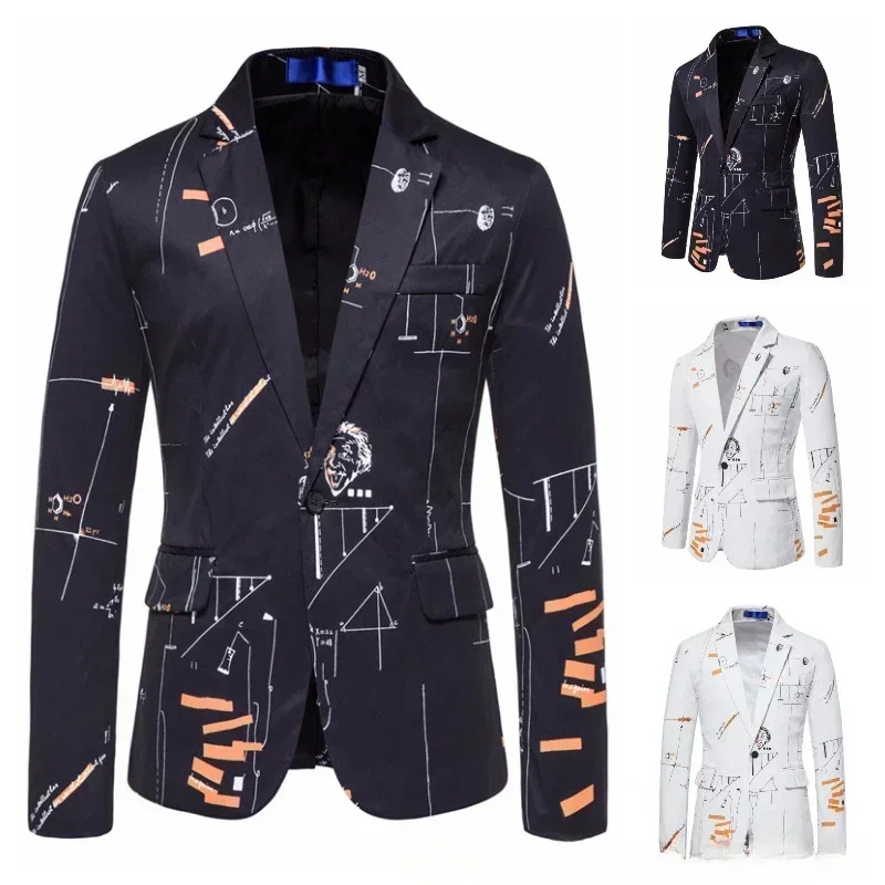 Men's Blazer Digital Print Single Breasted Male Blazer Casual Fashion Slim Fit Suit Jacket Black White Coat Dress Stage Party