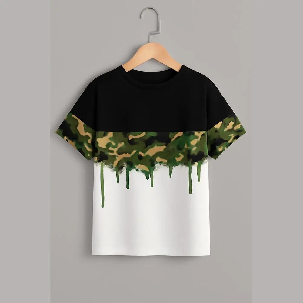 

Camouflage Print T-shirt With Paint Drops Y2K Street Style Color Block Fashion Casual Short-Sleeve Shirt Couple's Crew Neck Top