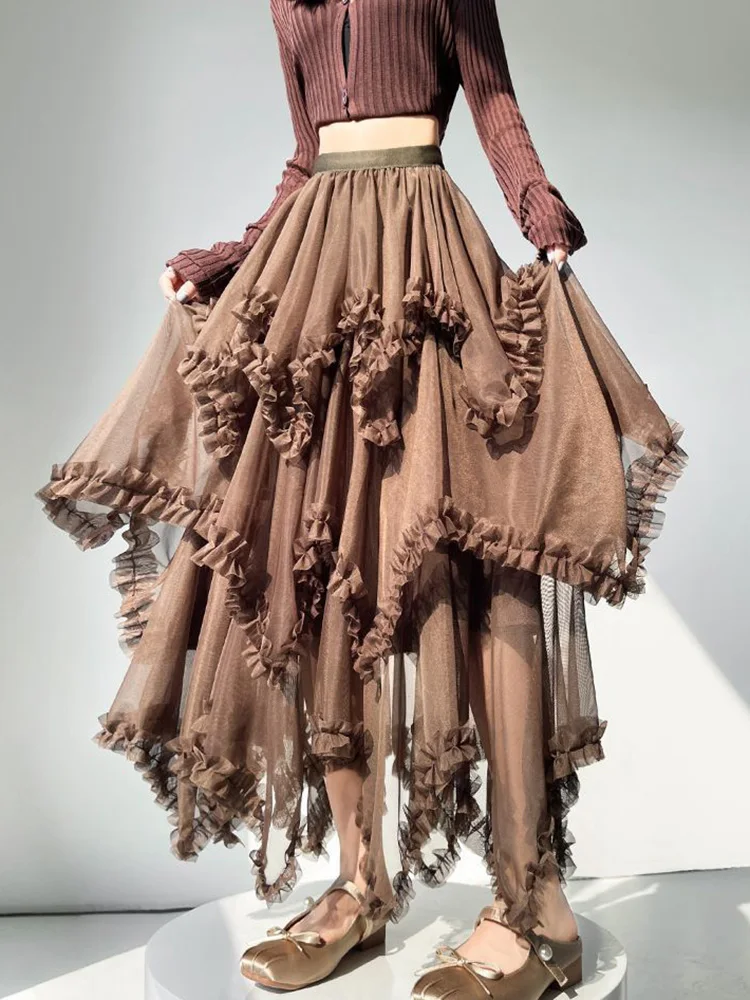 

Винтажная элегантная длинная юбка из сетки для женщин, свободная, асимметричная, с высокой талией, модная, с оборками, в корейском стиле