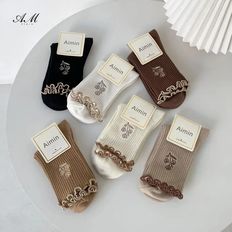 Retro Solid Color Women's Cotton Socks Harajuku Embroidered Flowers Elegant Socks Cute Lolita Lace Girls Fungus Edge Socks