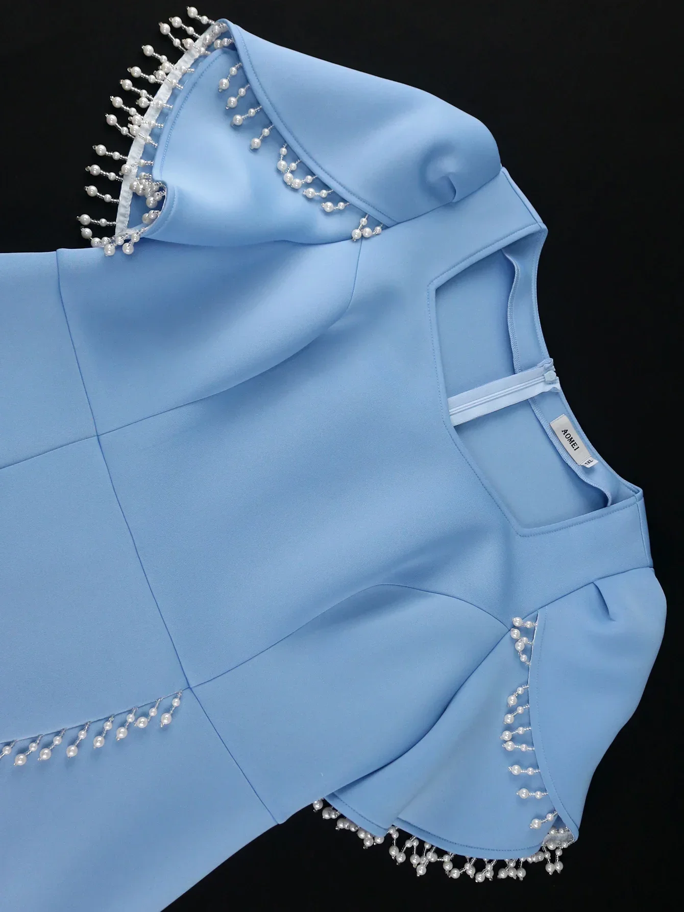 Abito da sera con nappe blu e collo quadrato, maniche corte, patchwork di perline, per abito da sposa da donna per occasioni speciali