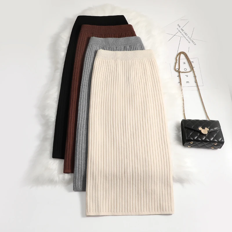 

Fashion Autumn Winter Korean Knitted Women Skirts Large Size Elastic Waist Split A-line Skirts Female Sexy Skirts