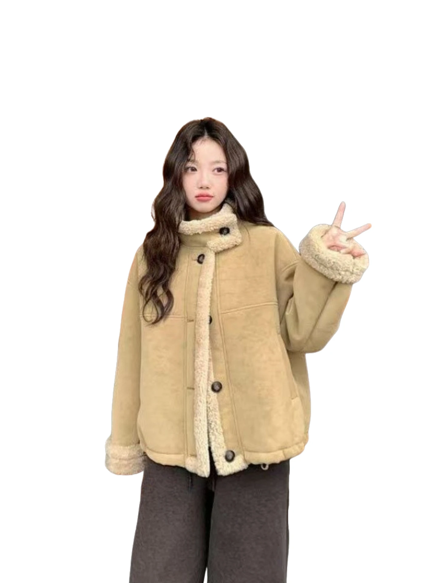 Eco-friendly lambskin thickened  stand-up collar motorcycle jacket for women, a retro short fur coat with a winter design sense