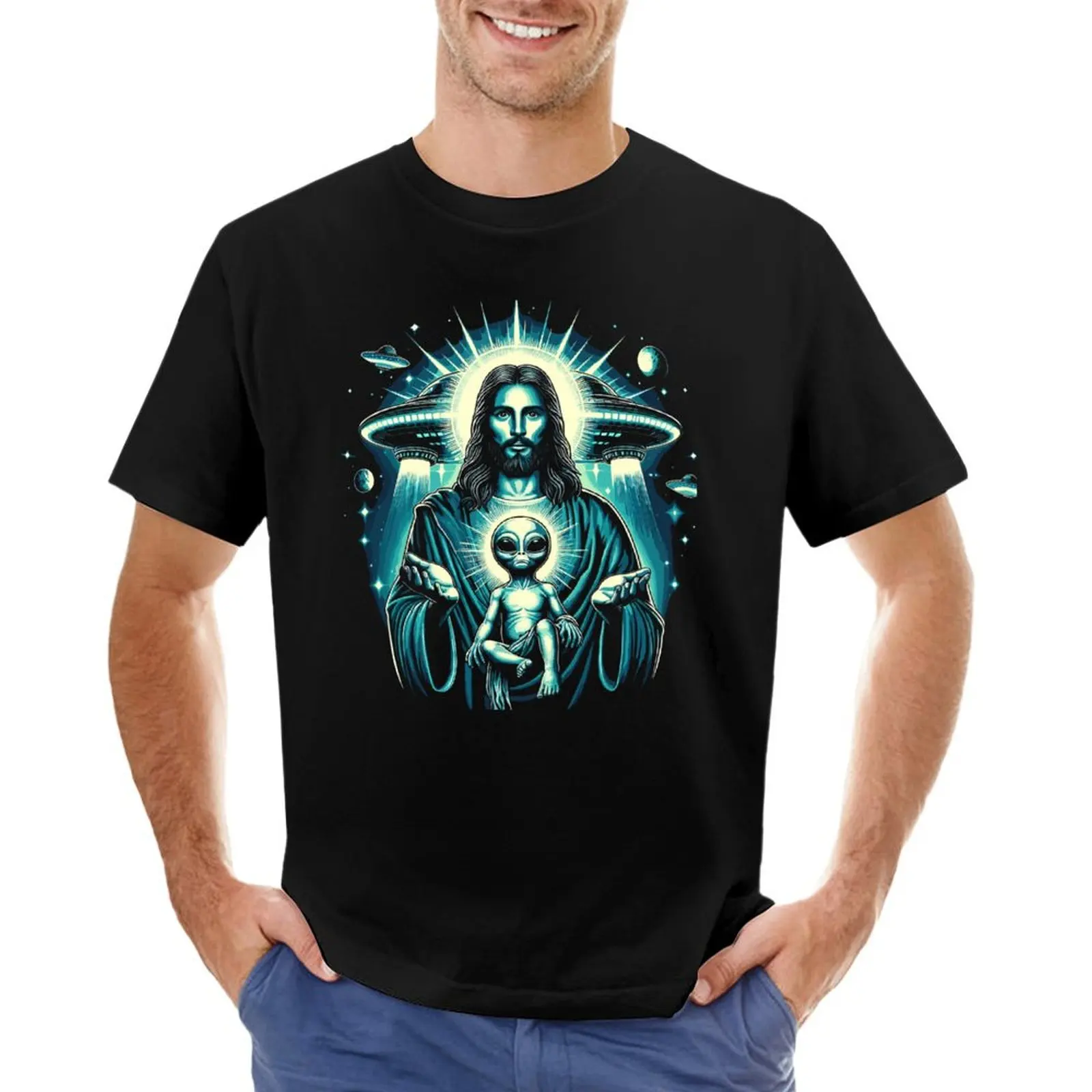 

Alien Jesus with Baby and UFO T-Shirt anime clothes street wear custom t shirt boys whites fitted t shirts for men