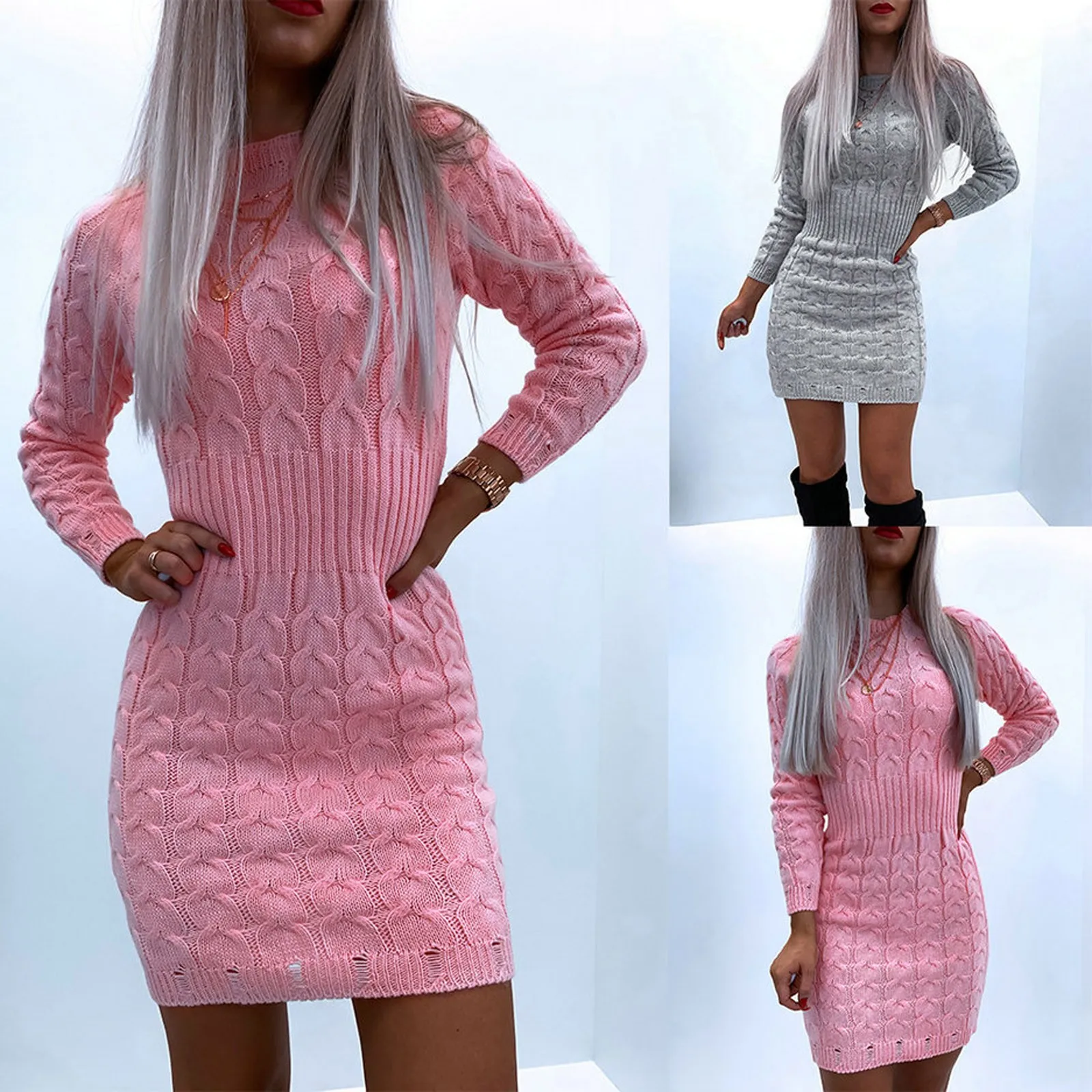 Elegant New Autumn Winter Sweater Dress Solid Color O Neck Long Sleeve Knitted Bodycon Mini Sweater Dress Female Knit Sexy Dress