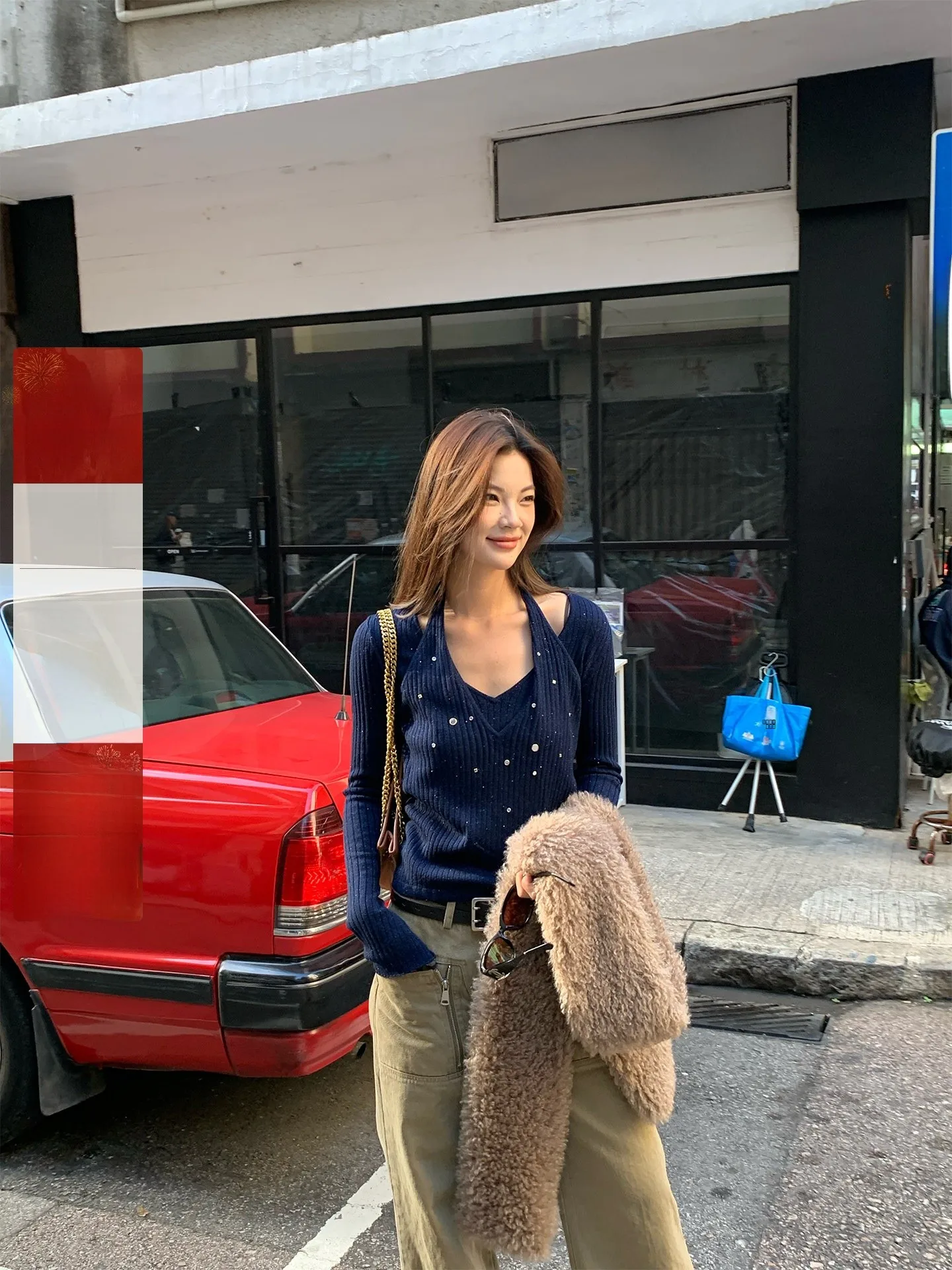 

Faionable Retro Ne Hanging Sequin Fake Two-Piece Long Sve Knitted Sweater Women's Striped Knitwear Casual Online Exclu...