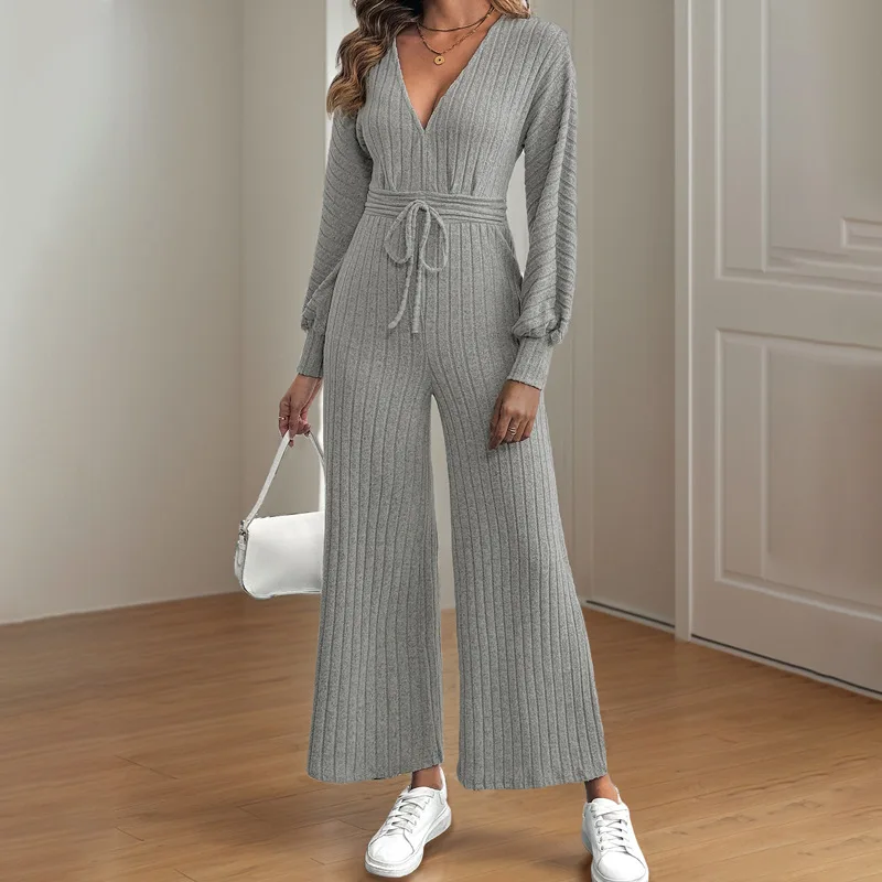 

2025 New Women's Woolen Hoodie V-neck Strap Bat Sleeve Solid Color Wide Leg Jumpsuit