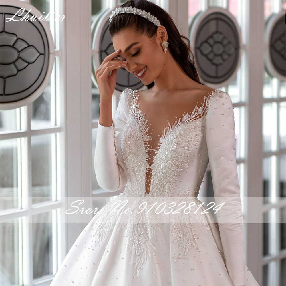 Lhuillier Elegant A Line Scoop Neck Satin Wedding Dresses Floor Length Pearls Beaded Long Sleeves Bridal Dress with Chapel Train