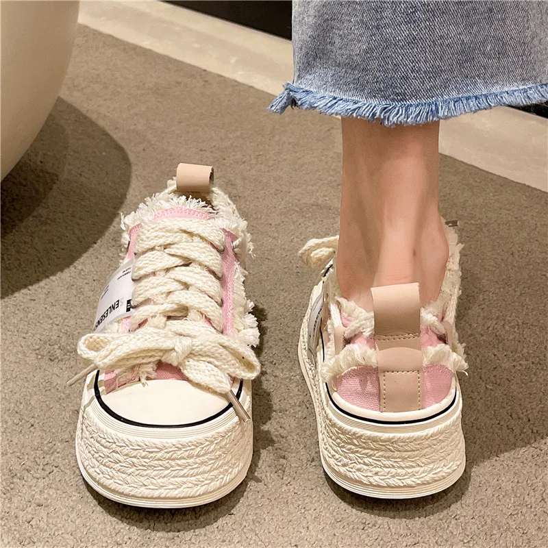 Casual Woman Shoe Round Toe All-Match Clogs Platform Modis Summer Creepers New 2024 Cross Espadrille Canvas Basic Cross-tied PVC