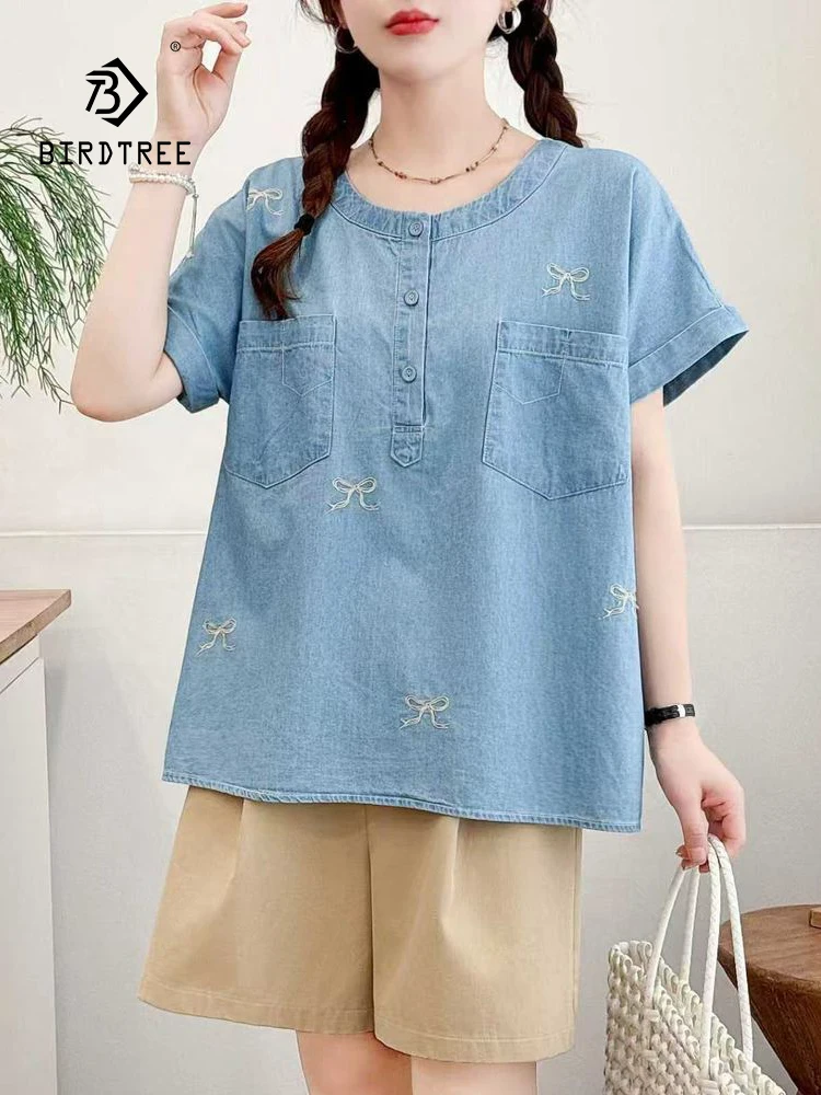 

New 2026 Summer Women Denim Short Sleeve Shirt, O Neck Bot Embroidery, Mori Girl Preppy Style Casual INS Loose Blouse T65587CC