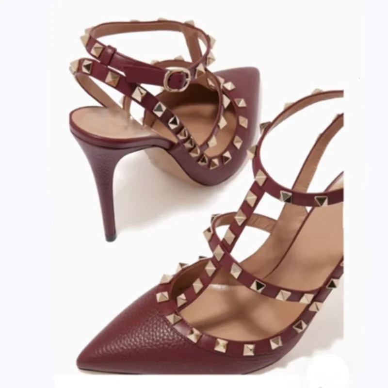 

DIZHUANG Sexy women's high heels. Wine red leather pointed shoes. About 11cm heel height. Slinngbacks shoes Summer women's shoes
