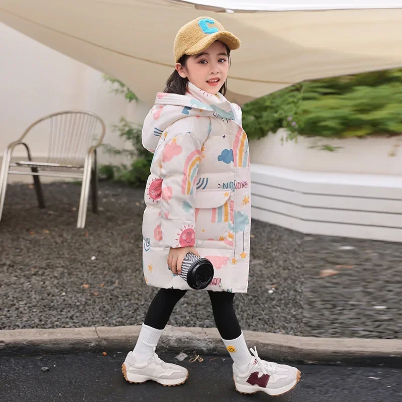 

2024 Winter Down Jacket For Girls Long Coat Cute Rainbow Hooded Kids Parka 2 To 8 Years Toddler Baby Windbreaker XMP157