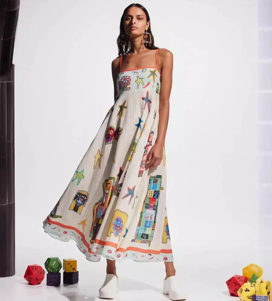 Trend Sleeveless Straps Slip A-line Dress Women Elegant Graphic Print Maxi Dresses Summer 2024 Fashion Vestidos Holiday Backless