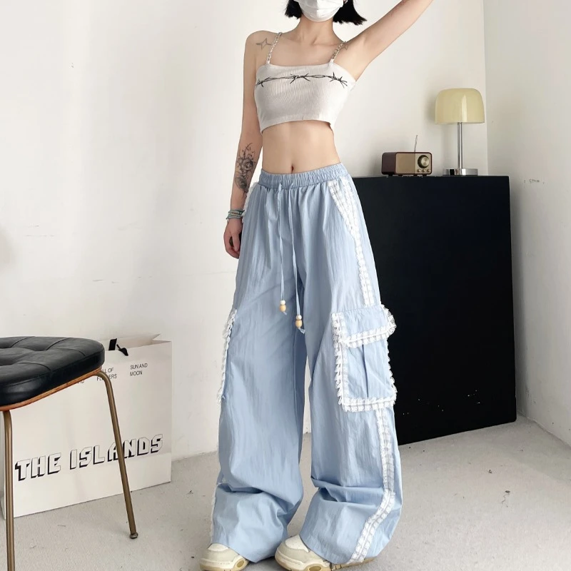 Lace Splicing Casual Pants Women's Summer Versatile Loose Wide-legged Full Length Drawstring Pants Fashion Sweet Trousers Female