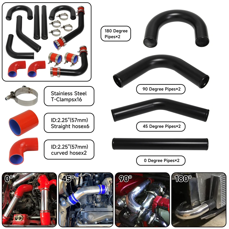 

UNIVERSAL TURBO BOOST INTERCOOLER PIPE KIT 2.25" 57MM 8 PCS Aluminum PIPING