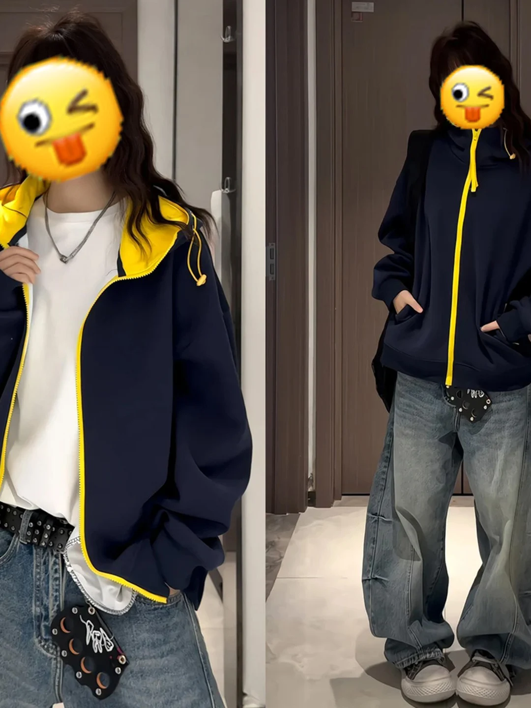 

Cobalt Blue Color Blo Hoodie Cardigan ex Autumn High Street Youth Couple Matching Long Sve Zipper Hooded Jaet