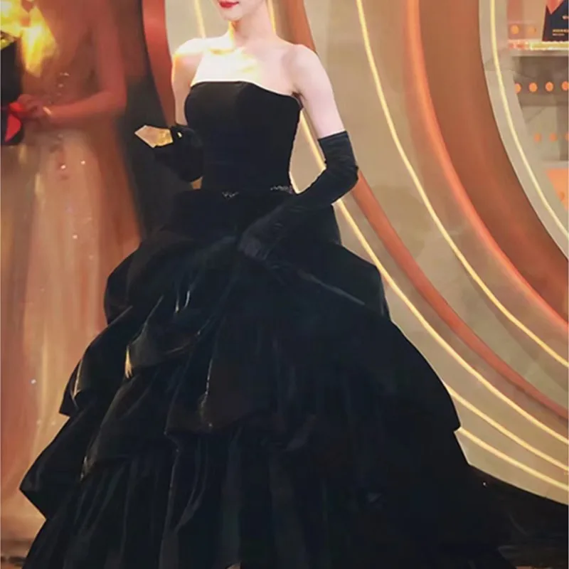 

Black Hepburn Style Strapless Dress Banquet Temperament