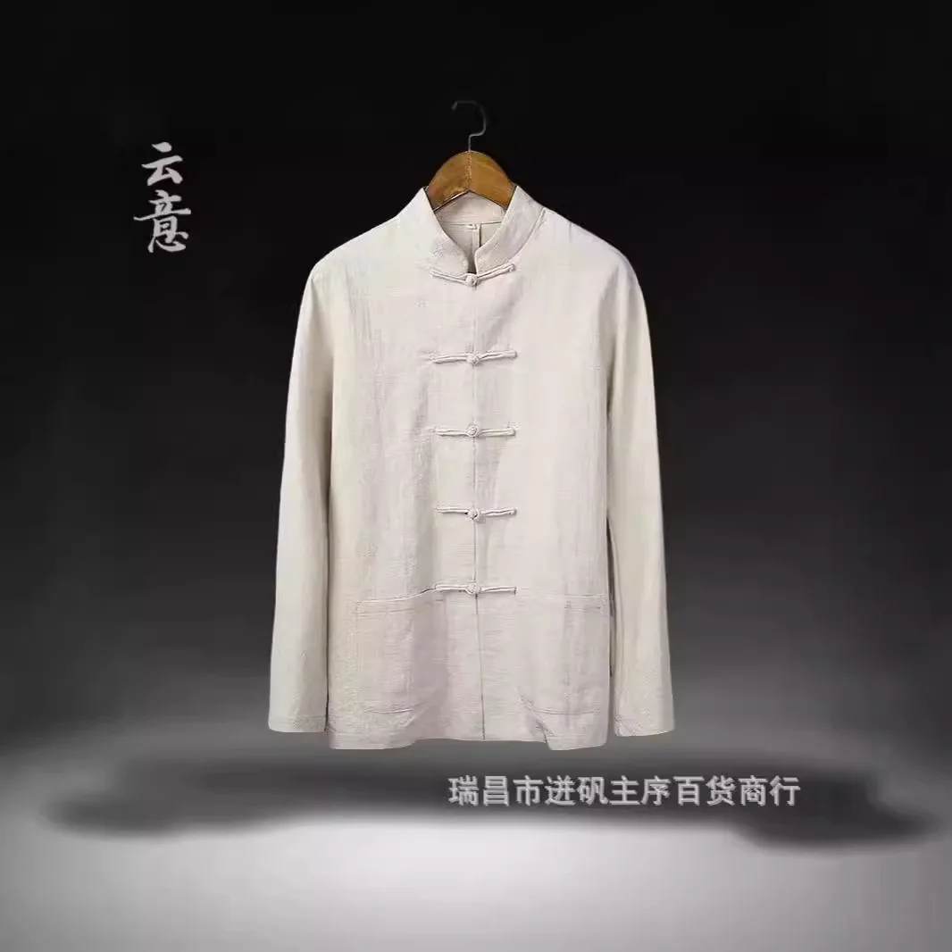 Men's Linen Shirt Casual Style Hanfu Chinese Traditional Tea Culture Long Sleeve Button-Up Top For Foreign Trade