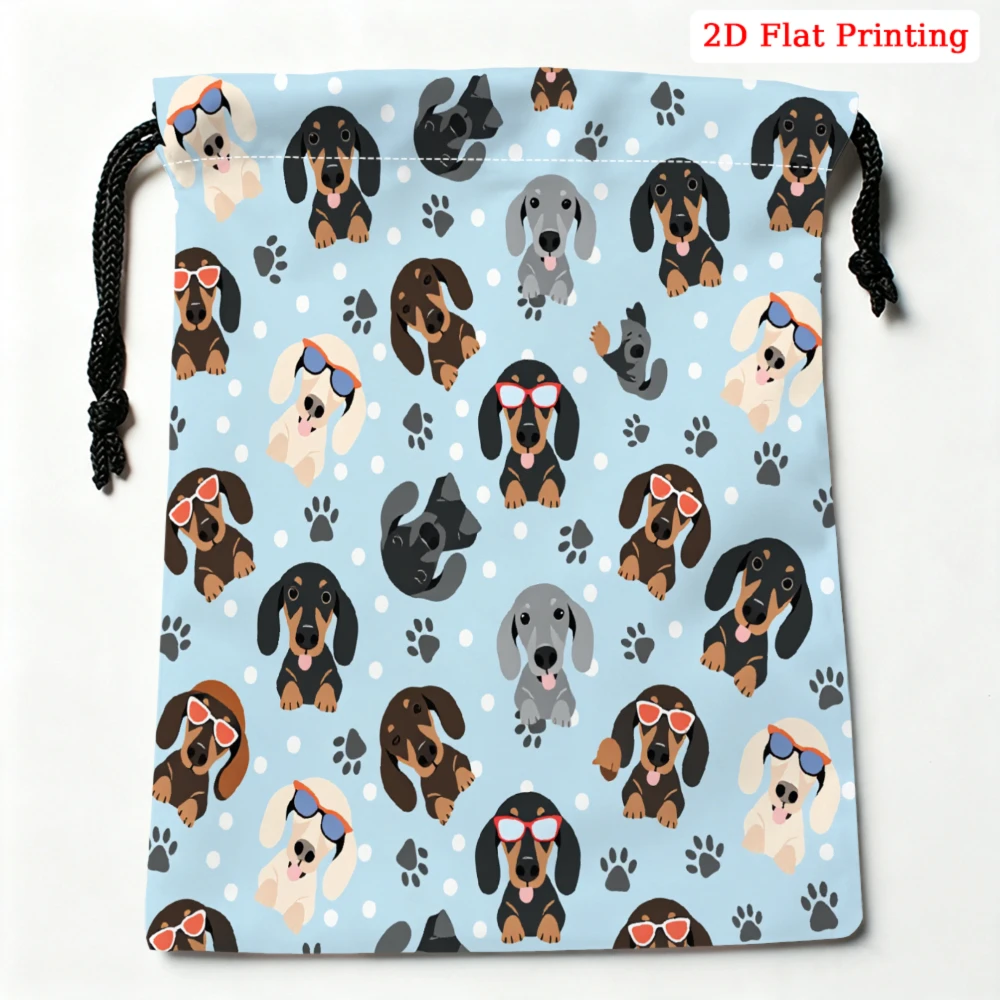 1pc Cartoon Dog Pattern Drawstring Bag Light Blue Puppy Paw Print Storage Small Pouch For Glasses Cosmetics Travel Organizer Por