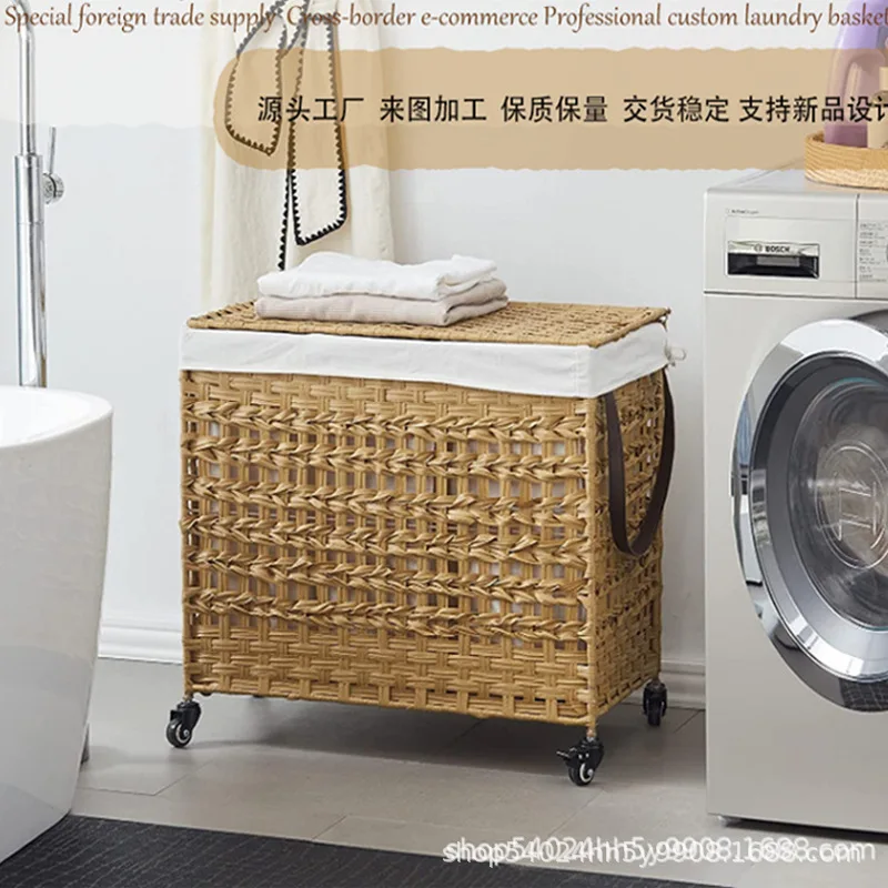 Rattan Laundry Basket Hand-woven Foldable Laundry Storage Box with Cloth Lining Mobile Pulley Large Capacity Dirty