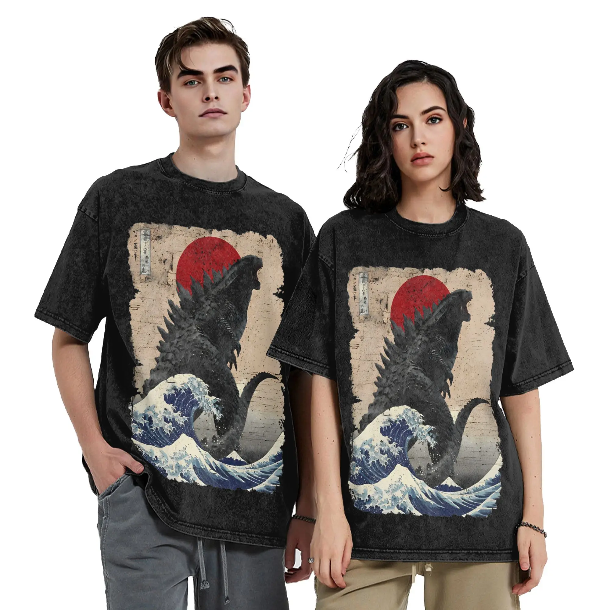 Movie Minus One Vintage King Of Monsters Vintage Washed Tshirts Men's 100%Cotton Tops Funny  Godzillaed Crewneck Short Sleeve