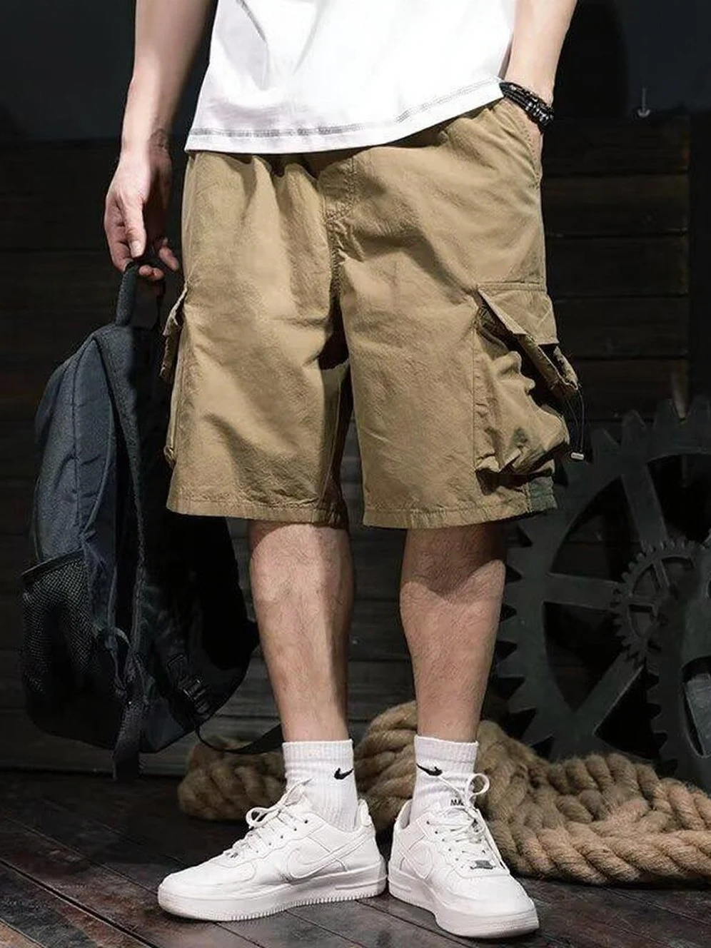 

Летняя тонкая рабочая одежда, мужские модные свободные брюки большого размера в американском стиле ретро, повседневные брюки средней длины из ледяного шелка с несколькими карманами, пять четвертей