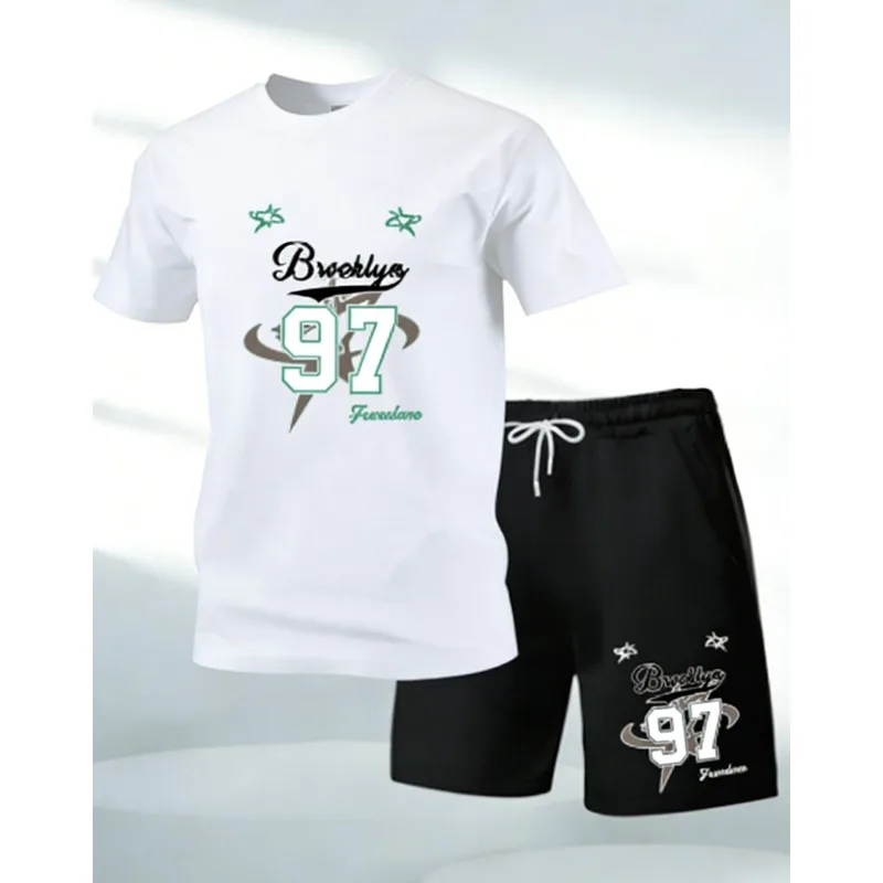 Summer men's casual short-sleeved T-shirt and shorts sports outfit - comfortable printed lightweight quick-drying set