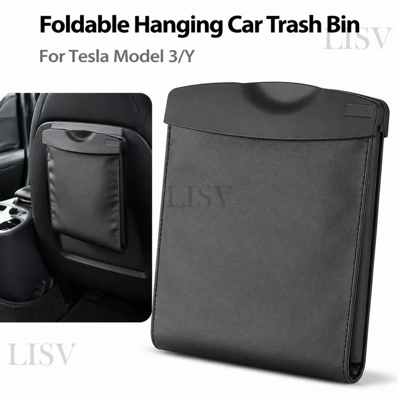 For Tesla Model 3 Model Y Universal Car Trash Can Folding Hanging Backseat Garbage Bag Co‑Pilot Storage Bag Interior Organizer