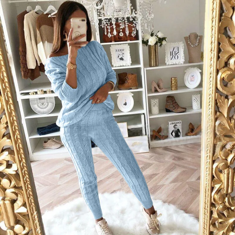 

Solid Knitted Suit Fashion Round Neck Long Sleeve Sweater Elastic Waist Small Leg Pants 2 Piece Set 2024 Autumn Winter New