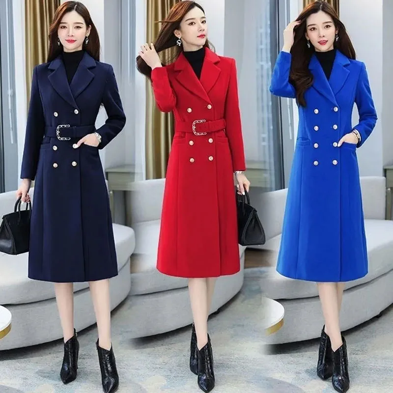 

New Womens Woolen Coat Long Autumn Winter Thick Warm Trench Coats Fashion Female Casual Woolen Coats Parker Overcoat Belt Lining