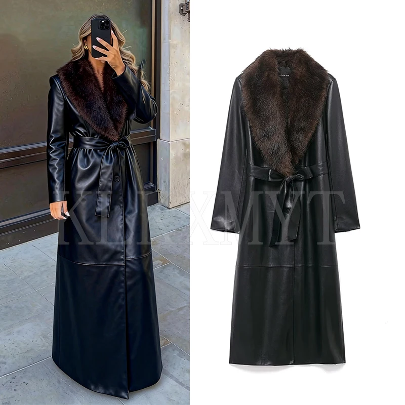 

Зимнее женское модное пальто с воротником из искусственного меха, женская шикарная куртка из искусственной кожи с длинным рукавом и поясом, повседневная новая верхняя одежда ﻿ ﻿