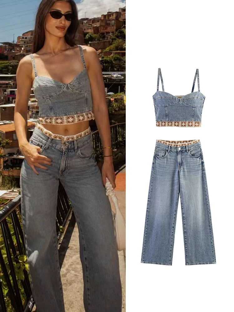 TFMLN Damen Patchwork-Weste und Jeans-Set, ärmelloses, ausgeschnittenes Crop-Top mit Trägern, gerade geschnittene Hose mit Taschen, Sommermode-Anzug 2026