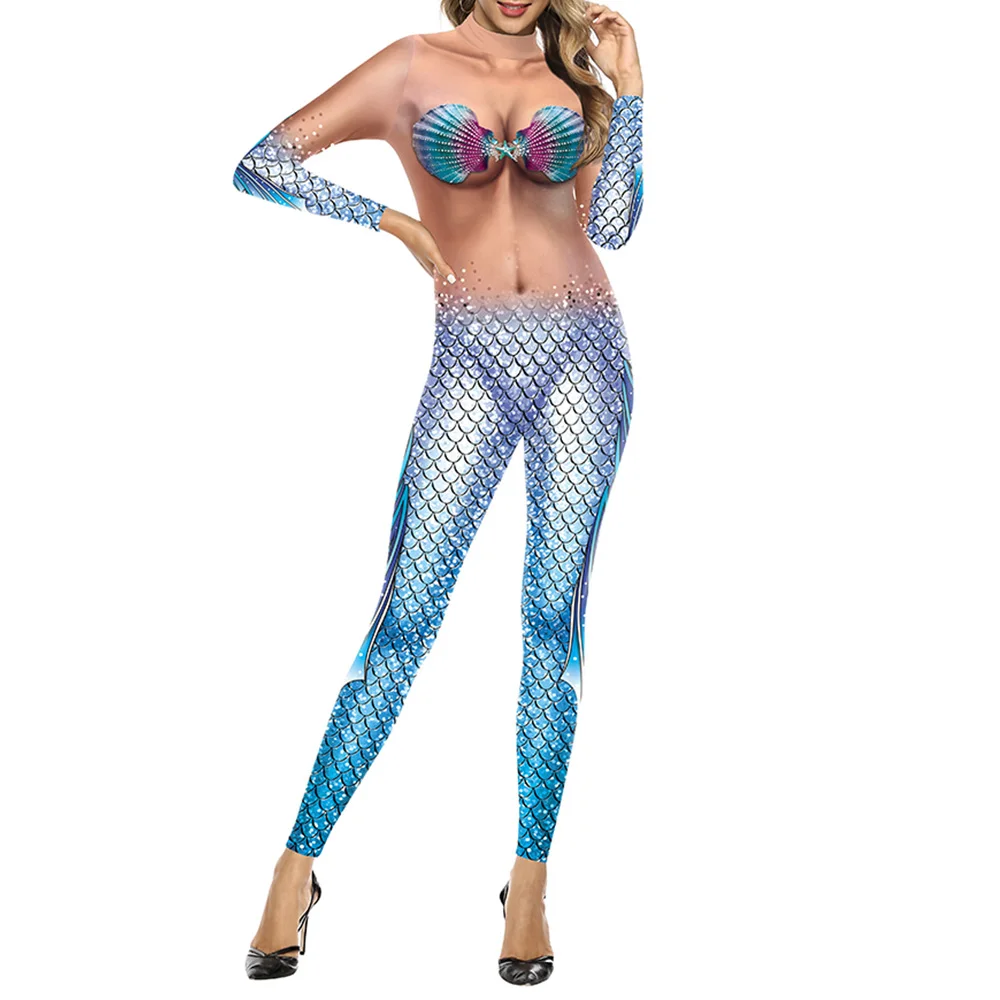 Halloween Mermaid Cosplay Costume Adult Holiday Party Disguise Sexy Bodysuit Oufit Funny Fish Scale Printing Jumpsuit Catsuit