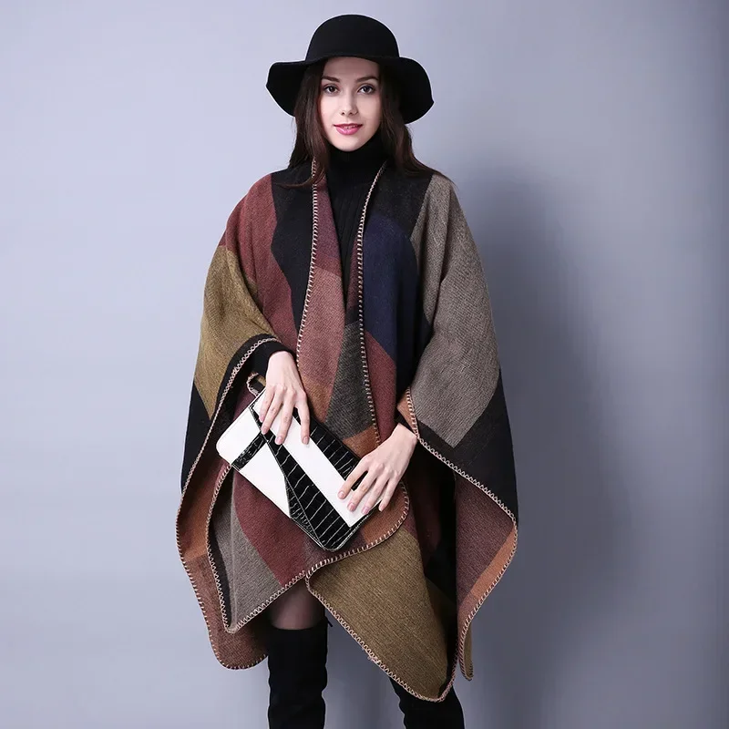 

Autumn Winter Women Travel Shawl Imitation Cashmere European National Style Fork Thickened Cloak Ponchos Capes Red