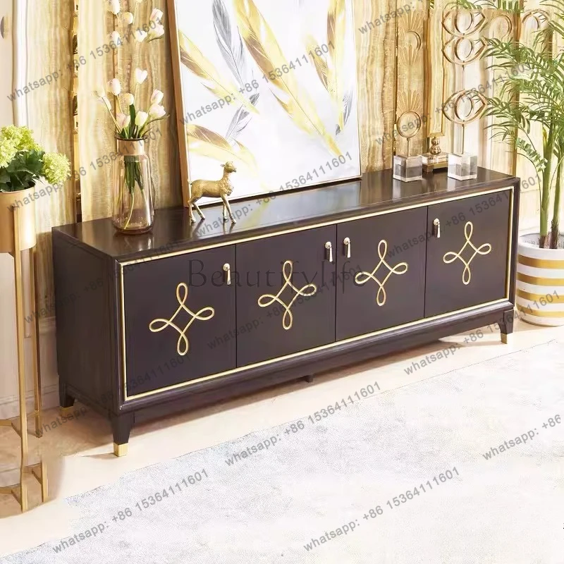 American rural solid wood TV cabinet modern simple gold painting Chinese antique living room floor cabinet customization