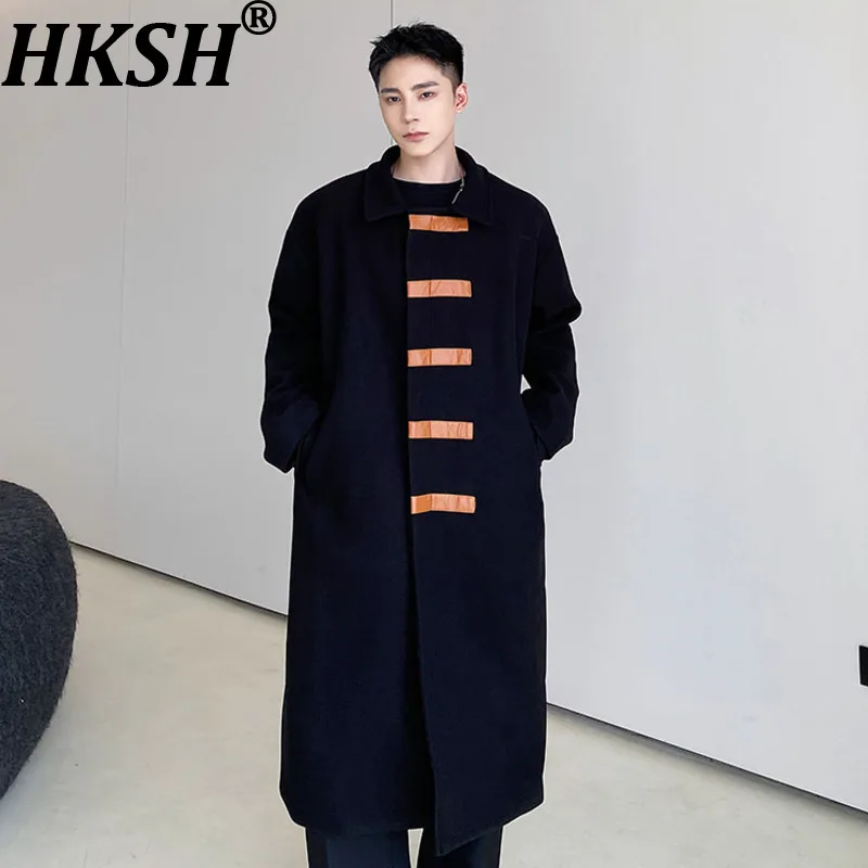 

HKSH Autumn Winter New Men's Trendy Patchwork Color-Block Loose Casual Fashion High Street Mid-calf Wool Blends Overcoat HK15836