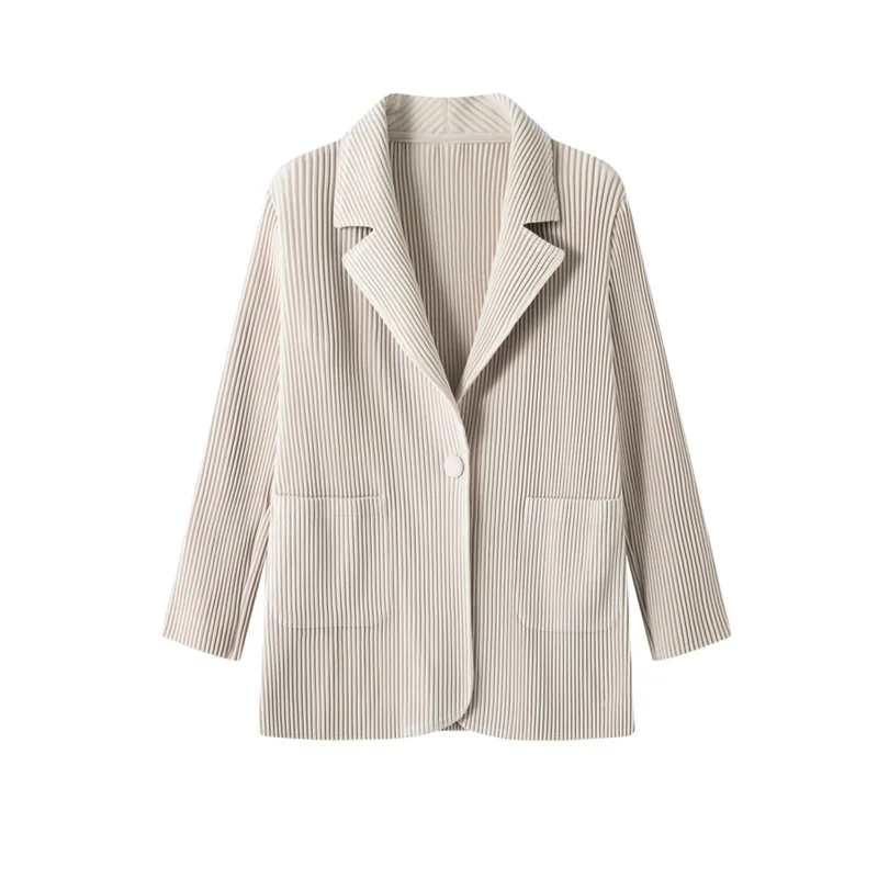 Miyake‑Inspired Pleated Blazer Women Lapel Collar Single‑Button Solid Color Loose Wrinkle‑Resistant Pockets Casual Suit Jacket