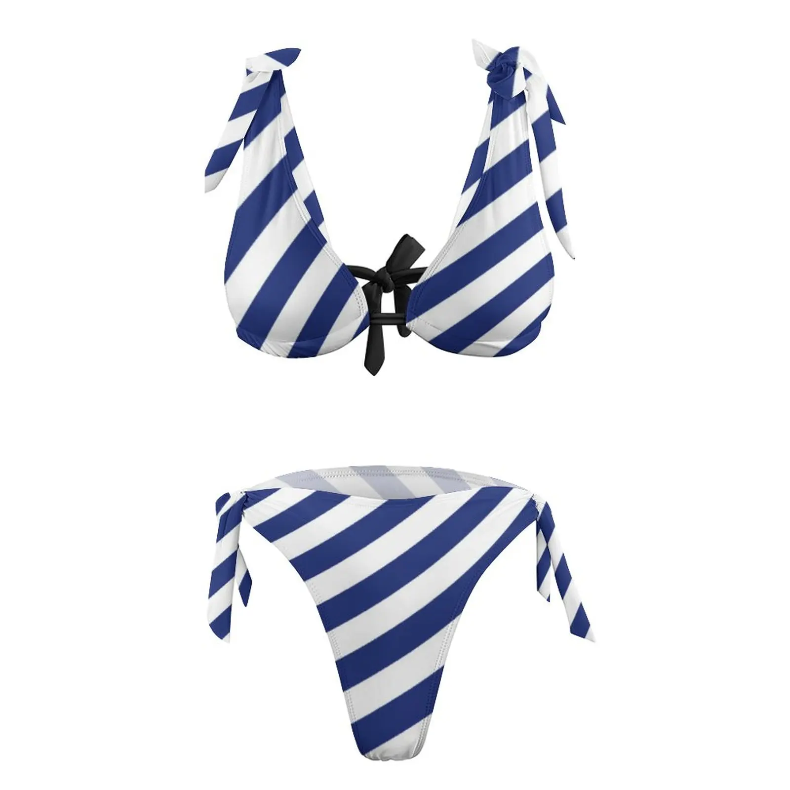 Marineblauwe Witte Nautische Bikini Set Sexy Diagonale Strepen Bikini Badpak Fitness Patroon Badmode Push-Up Stijlvolle Strandkleding