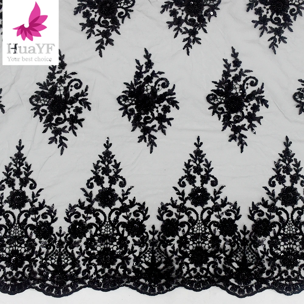 

1 Yard African Black Lace Fabric Wedding Beads Sequins 3d Flowers Black Mesh HY2495