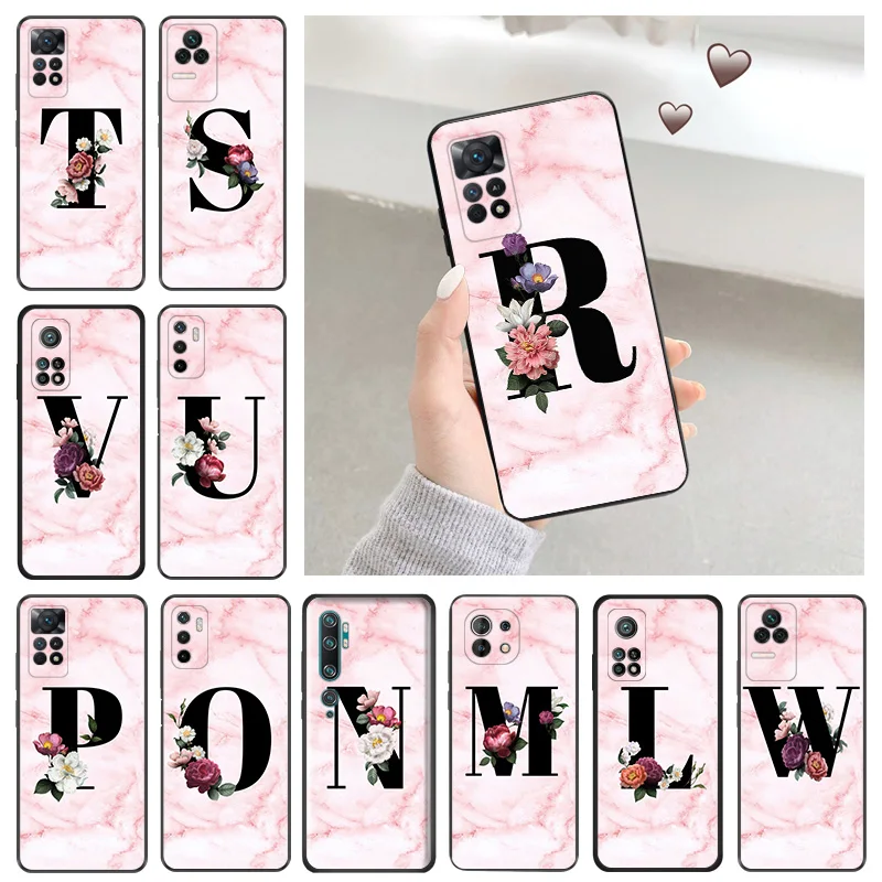 Silicone Soft Phone Case for Redmi Note 11 Pro 11S 10S 10A 10C O-V Initial Z Letters Flower Marble Xiaomi 11 Lite 11T 10T Cover