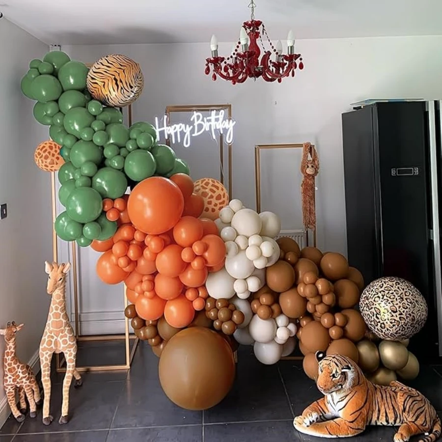 115-Piece Set of Safari Jungle Balloon Arch Set, Green and Brown Animal Balloon Garland Set, with Deer Pattern Balloons, Suitable for Birthday