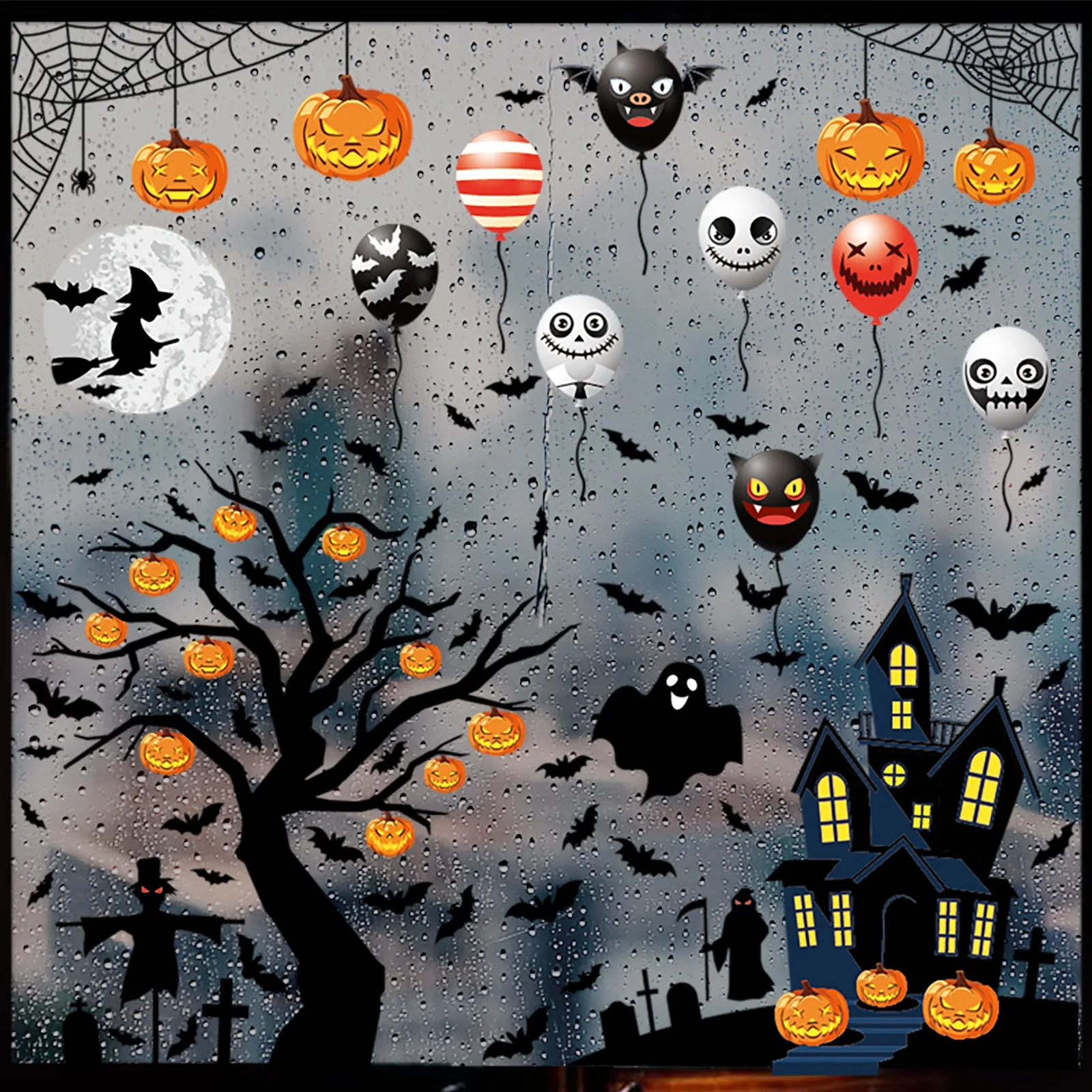 Halloween Cartoon Witch Ghost Bat Window Stickers Haunted HouseTrick Or Treat Happy Ghost Festival Static Stickers Decorations