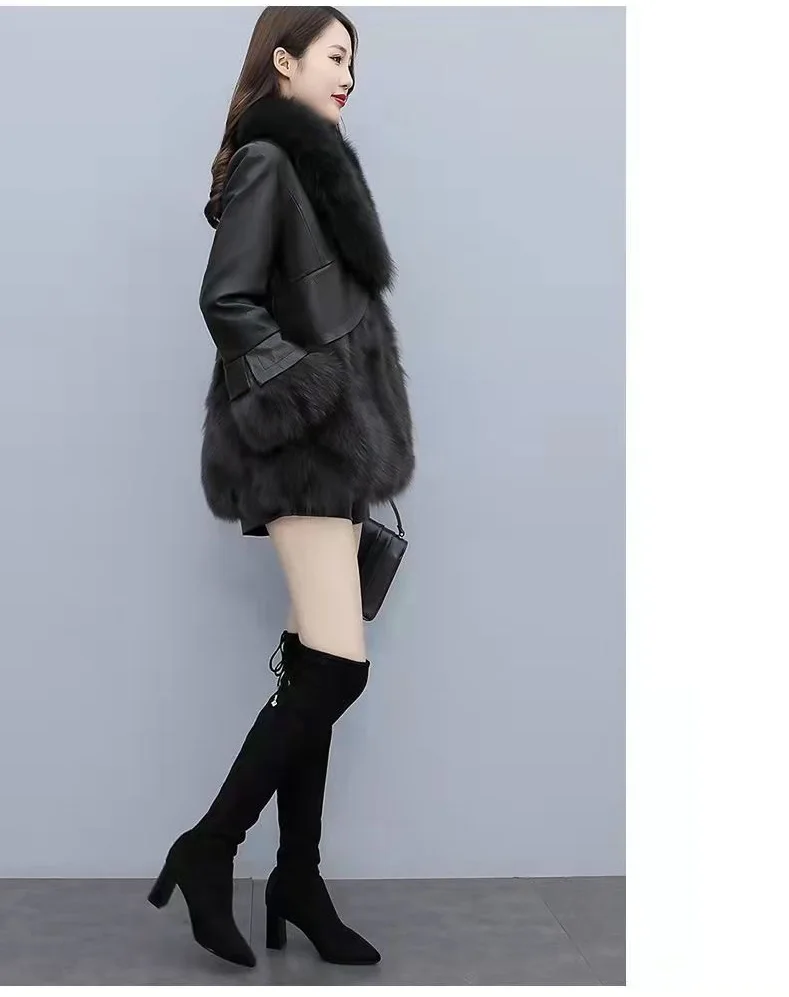Chic Leather Jacket Women's Overcoat 2024 Autumn Winter New Faux Fox Fur Mid-Length PU Leather Stitching Thick Warm Coat Outwear