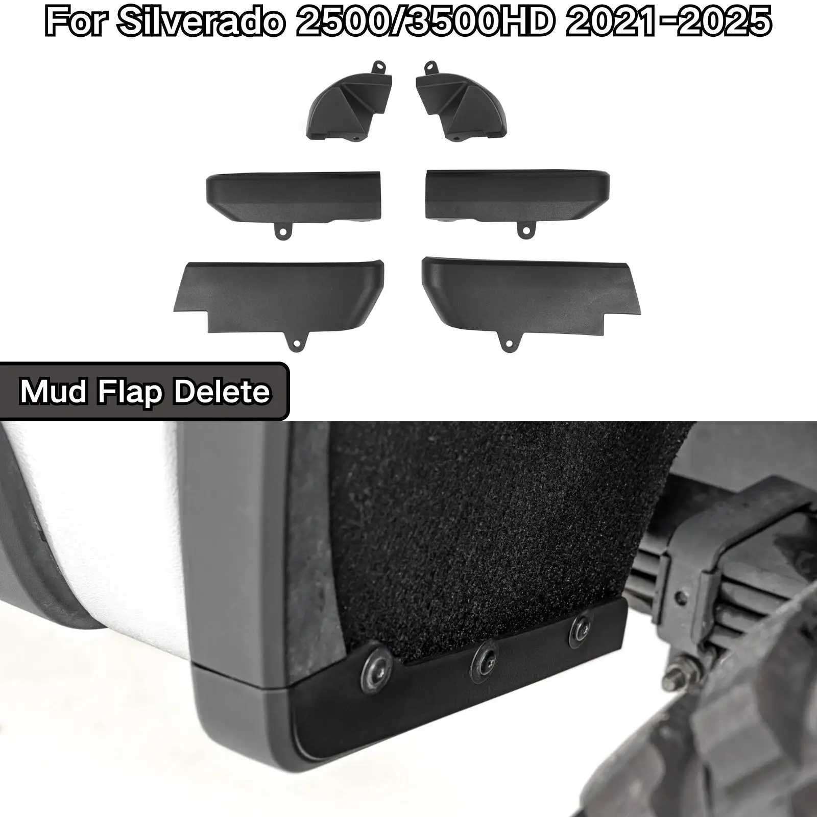 

For Silverado 2500/3500HD 2021 2022-2025 Front Rear Mud Flap Delete Cutting 6PCS Body Kit Car Accessories Plastic Replacement