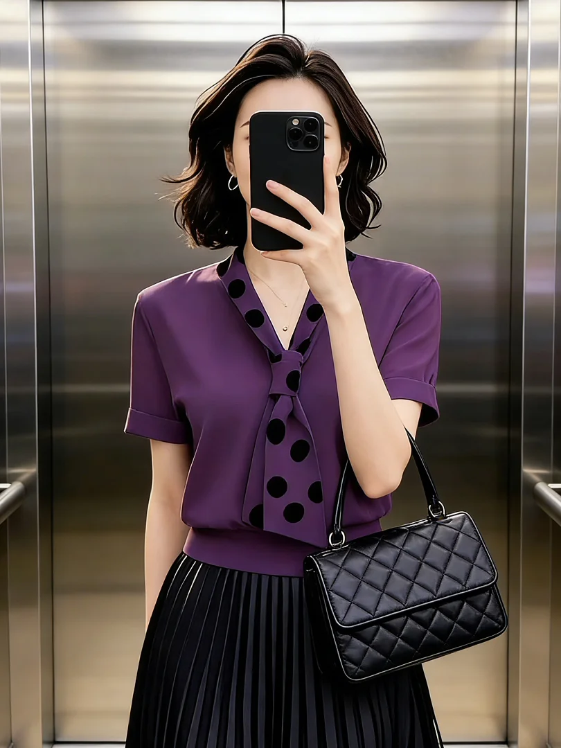 

Ele Purple ort Sve T-irt Lightweight Maturi Design Sense Silk Scarf Top for Women Spring Summer New Arrival