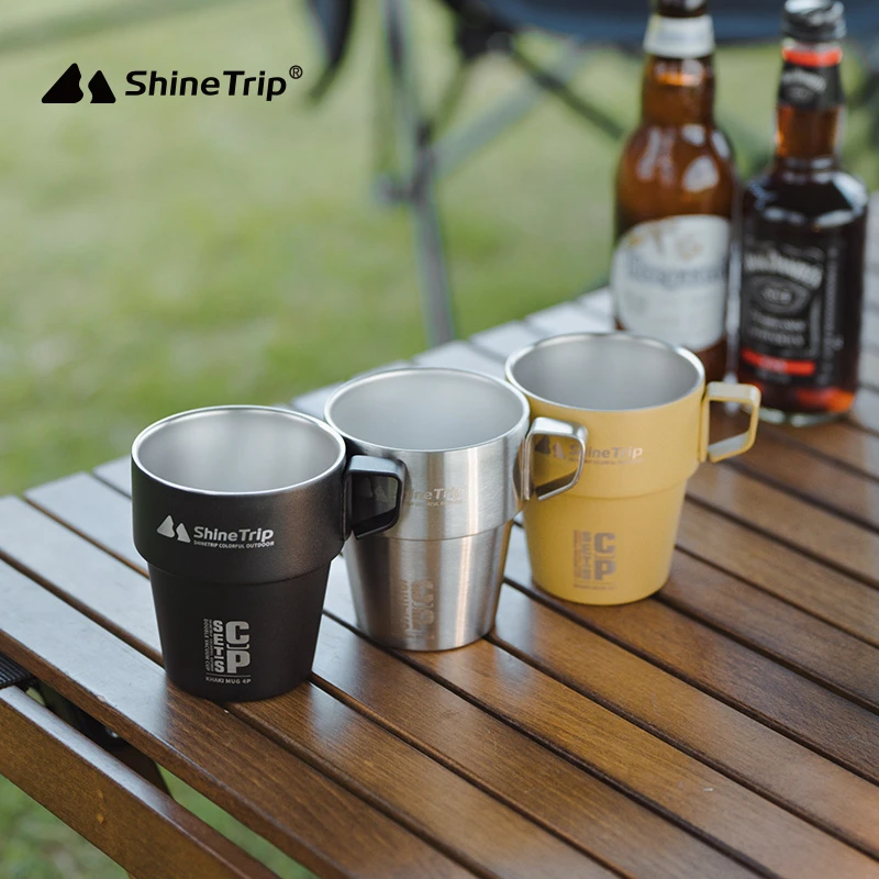 ShineTrip Set Mug kopi portabel, luar ruangan 304 Stainless Steel lapisan ganda Mug 4 buah kelas makanan plastik semprot untuk katering