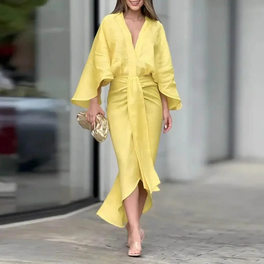 

Ankle-length Dress Elegant Maxi Dress with Horn Sleeves Irregular Hem for Cocktail Parties Commuting Spring/summer Life Dress