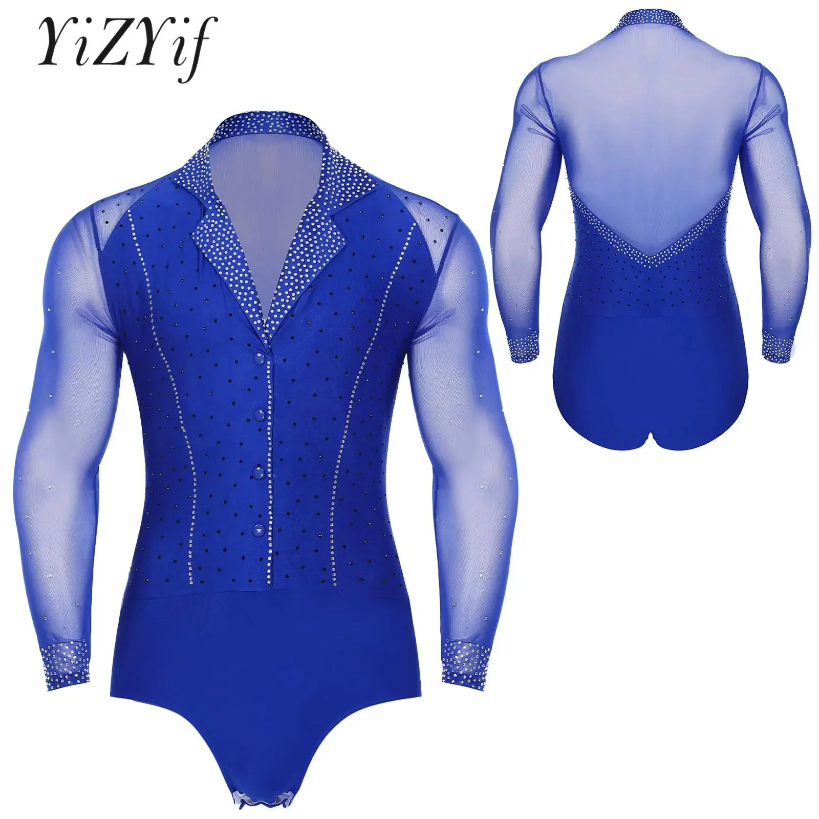 ผู้ชายตาข่าย Splice เต้นรําเสื้อ Unitard ห้องบอลรูมโมเดิร์น Latin Salsa Tango Rumba Chacha Dancewear แขนยาว Leotard บอดี้สูท