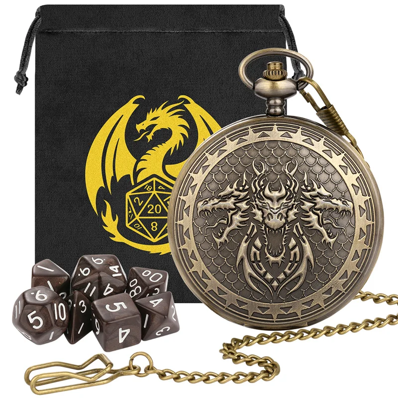 กล่องใส่พ็อกเก็ตวอทช์วินเทจลายหัวมังกรสามหัวขนาดใหญ่ พร้อมสายคล้องคอแบบ FOB และอะคริลิกทรงหลายเหลี่ยมขนาดเล็ก 7 ชิ้น สำหรับใส่ของเล่นเกม RPG DND
